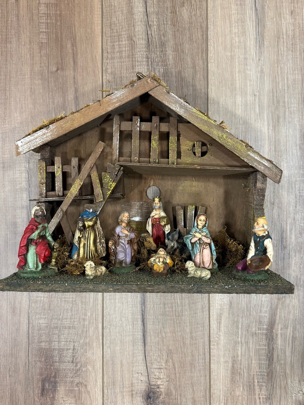 Vintage Made in Italy Nativity Set Rustic Wooden Stable Hand Painted Christmas